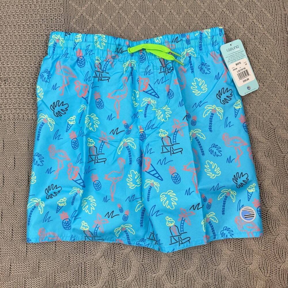 Laguna Swim Boys Blue Swim Short Trunks with Tropical Print 14/16